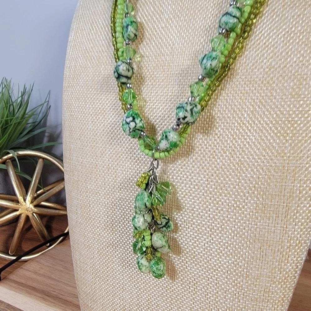 Triple strand Green Stone and Bead Statement Necklace With Tassel